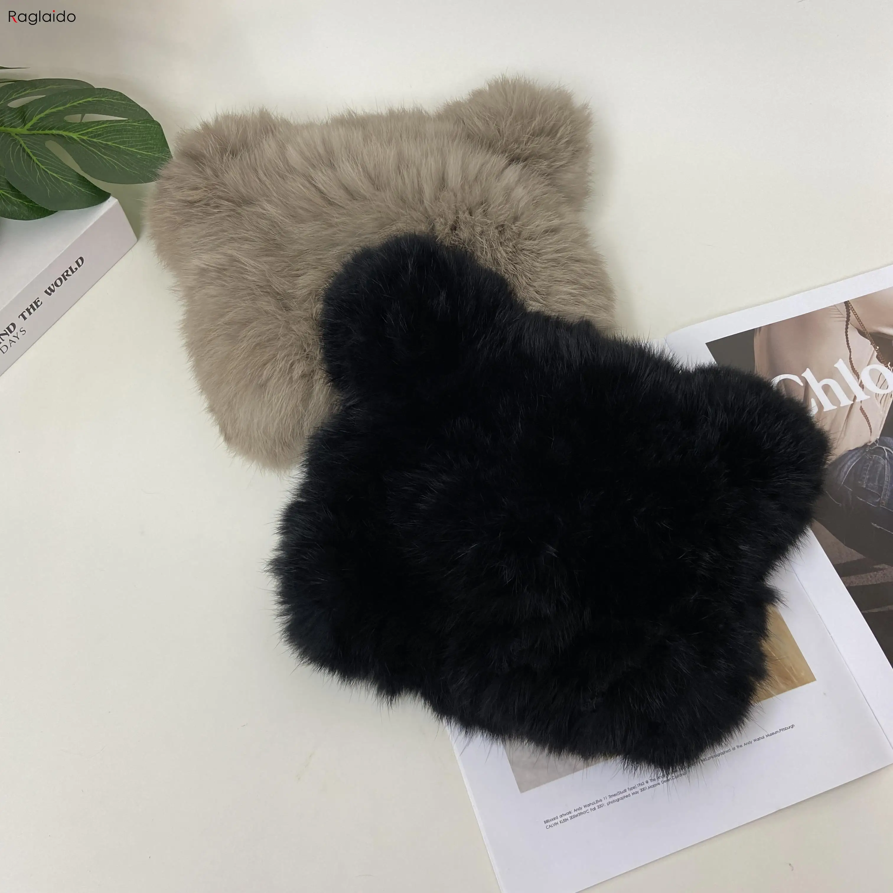 Mädchen Winter warme Mützen flauschige Strick Kaninchenfell Ohrmütze Mode süße schwarze Kawaii Mütze