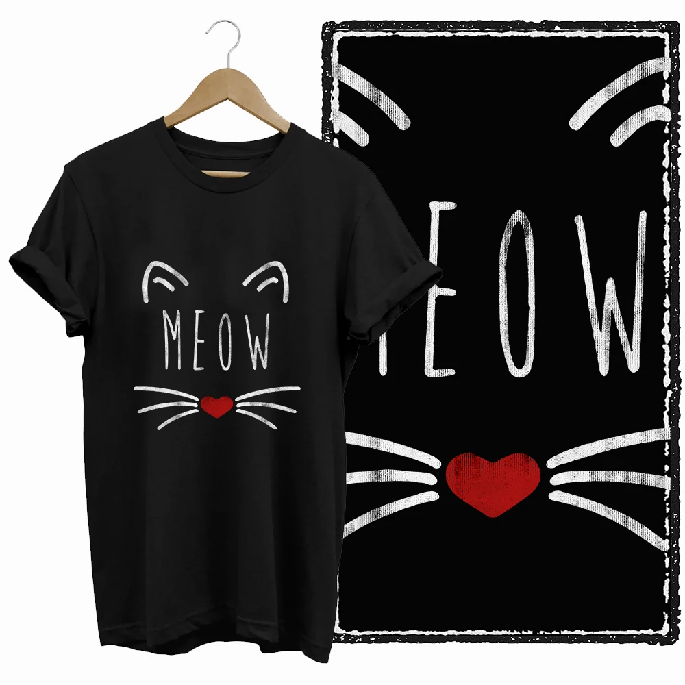 Cotton T-Shirt with Cat and Heart Design