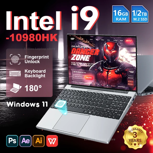 15.6”Intel Core i9 10980HK/i3 6100U Gaming laptop Windows 11 16GB RAM 1TB 2TB SSD Fingerprint Unlock Computer Backlight Office 1