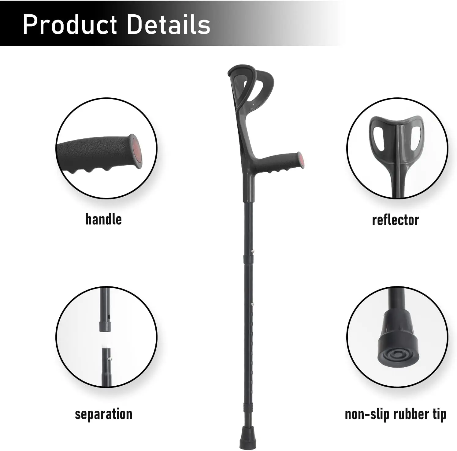 Forearm Canes Lightweight Arm Crutch Adjustable Ergonomic Comfortable on Wrist Non Skid Rubber Tips 4