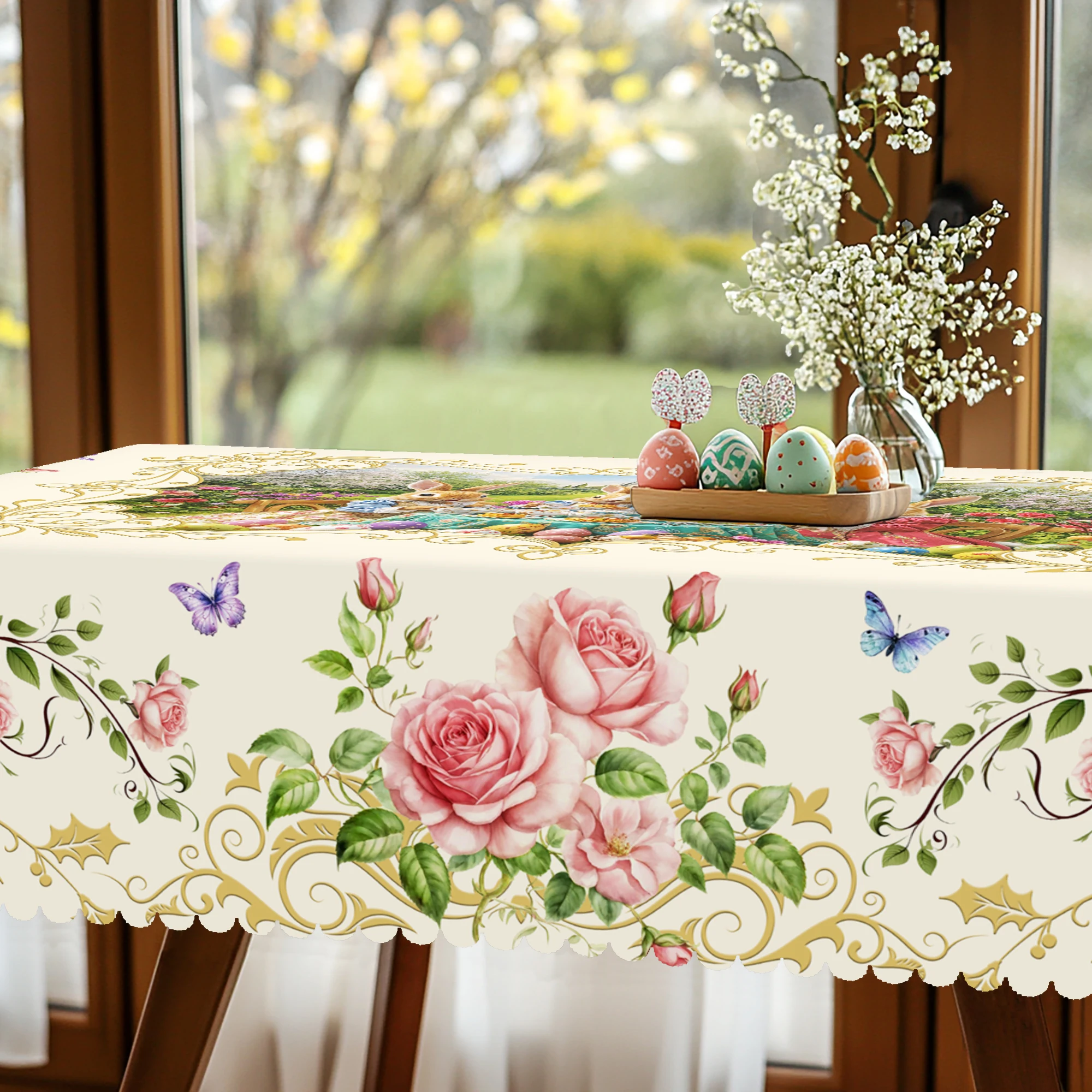 1 Piece of Easter Bunny Flower Print Round Tablecloth, 5 Sizes Available, Easter Bunny Flower Print Square Tablecloth, Edge Embossing Process, Wedding Decoration, Easter Spring Garden Tablecloth Decoration, Tablecloth for Daily Home Kitchen, Terrace, Easter Decoration 3