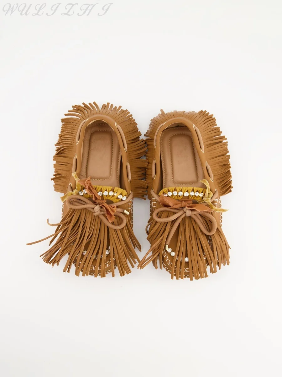 2023 New Fringe Leather Loafers Women's Caramel Brown Vintage Crystal Decoration Straps Flats Slip On Outdoor Casual Footwear