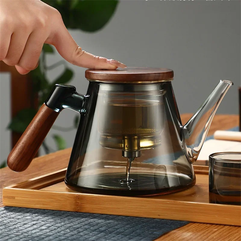 

Easy One Click Tea Separation Filtration Glass Teapots With Wood Handle 850ml Tea Water Separation Tea Pot With Infuser Filter