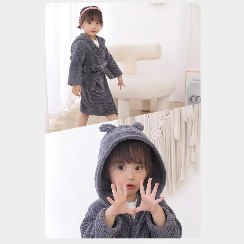 Kids Hooded Bathrobe Belted Pocket Thick Soft Water Absorbent Boys Girls Toddlers Robe Flannel Pajamas Sleepwear Homewear