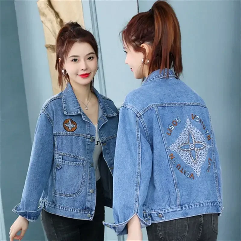New Retro Embroidery Denim Jacket Long Sleeves Women Windbreaker Streetwear Short Tops Korean Fashion Coats Luxury Designer