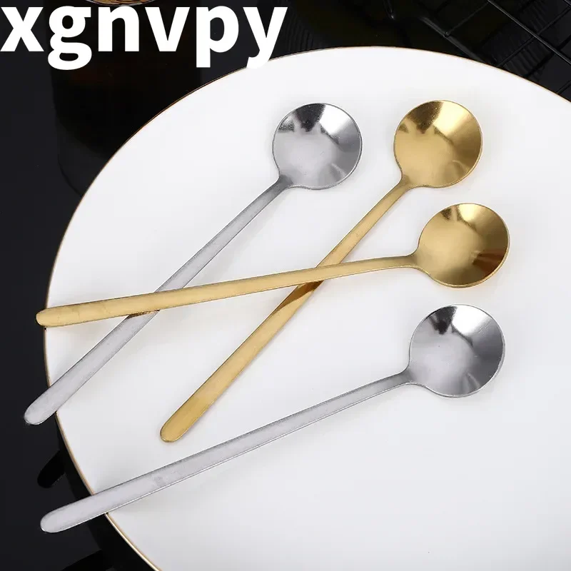Stainless Steel Long Handle Dessert Spoon Mixing Utensil Korean Style Round Bowl Spoon Home Kitchen Coffee Tool