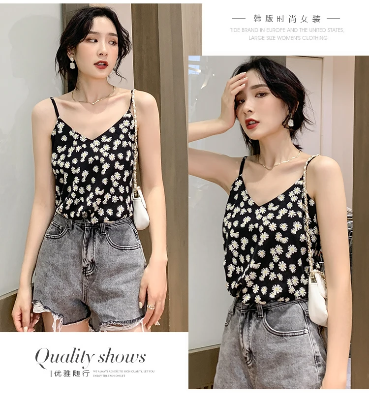 Women's Vest Sleeveless Tops Fashion  V-neck Stitching Sexy Printing Chiffon Loose Summer cotton camisole