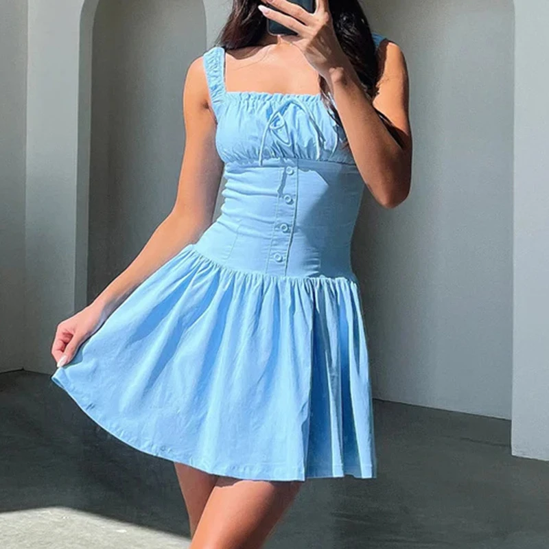 

Fashion Square Collar Tie Solid A-Line Dress Women Elegant Sleeveless Ruffles Mini Dress Casual Draped Hight Waist Party Dresses