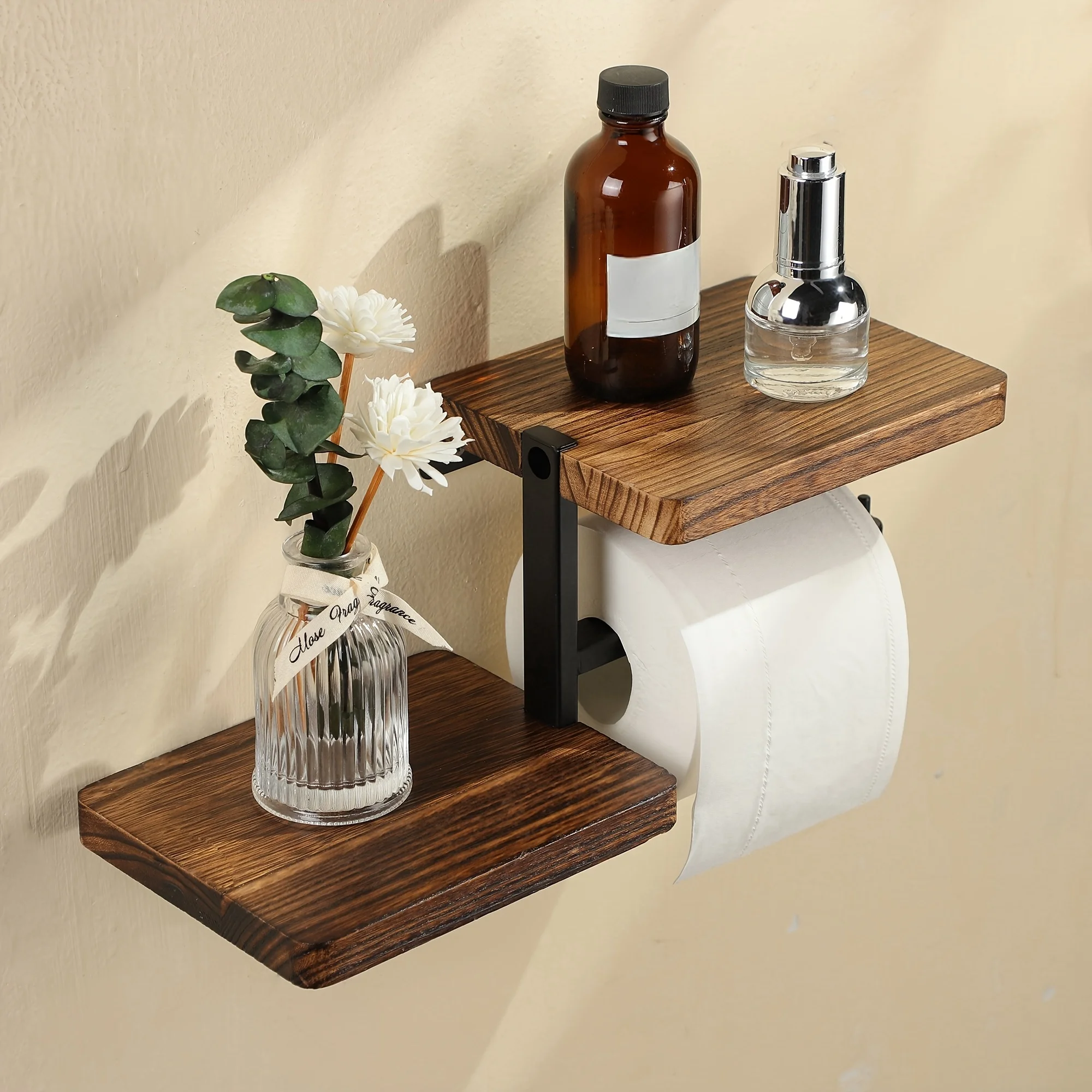 Wall-mounted wooden toilet paper holder with shelf in brown natural wood finish