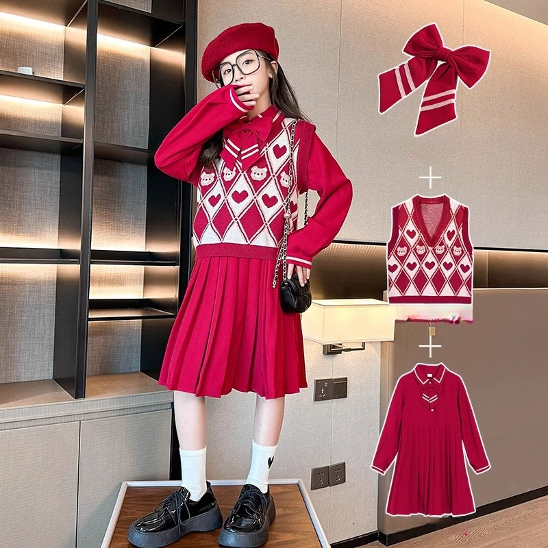 

Girl's Dress Winter 2023 New Children's Red New Year's Eve Dress with Velvet Princess Dress