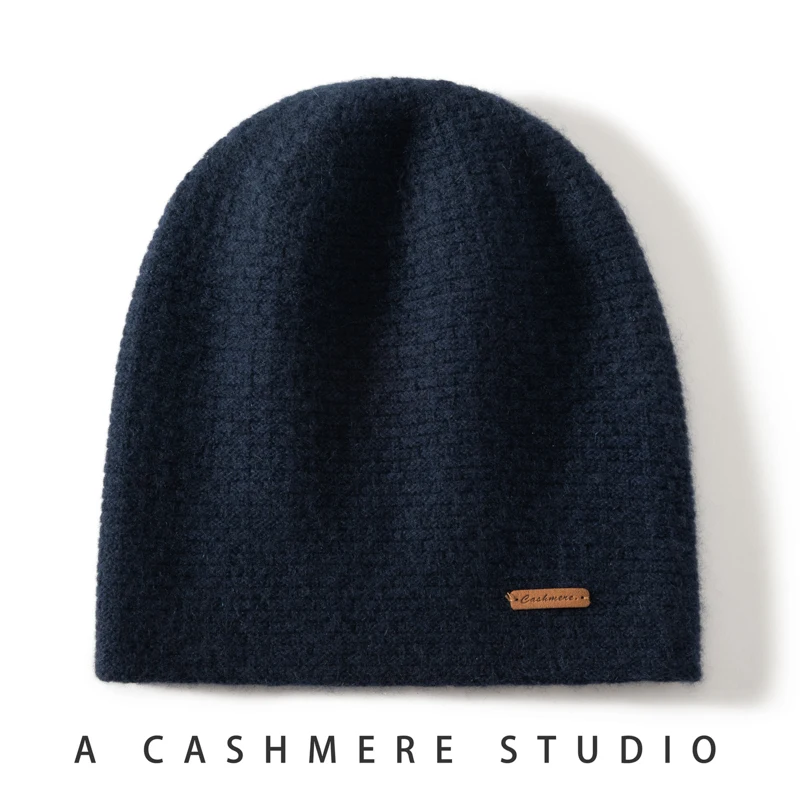 High Quality 100% Cashmere Knitted Hat for Women Casual Beanie Hats Lady Thick Cashmere Cap Winter Soft Warm Outdoor Solid Cap 4