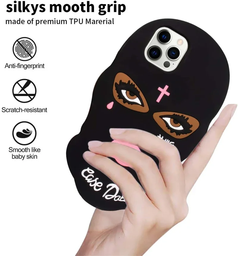 جراب هاتف قناع وجه نسائي أسود من السيليكون ، كرتون...