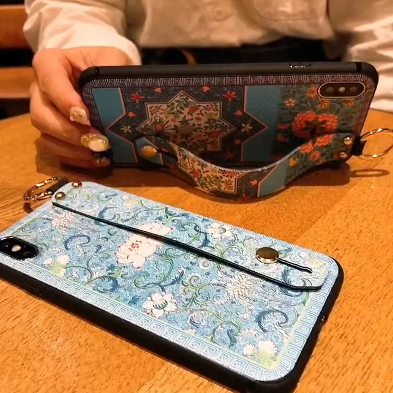 Traditional Flower Soft TPU Phone Holder Case with Wrist Strap Cover