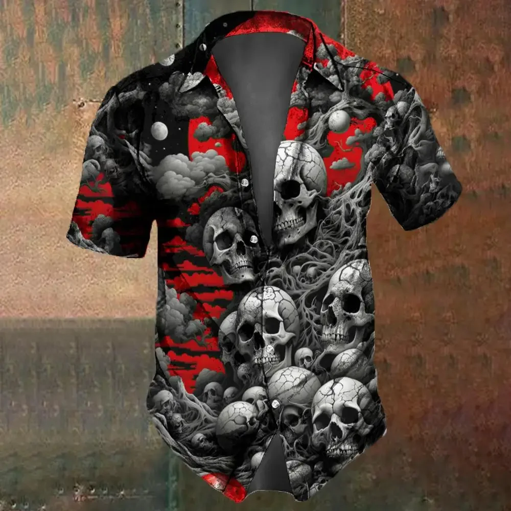 Retro Flower Skull Print Men's Shirt Summer Fashion Street Hip Hop Tops Oversized T-Shirts casual short sleeved shirt short sleeved shirt