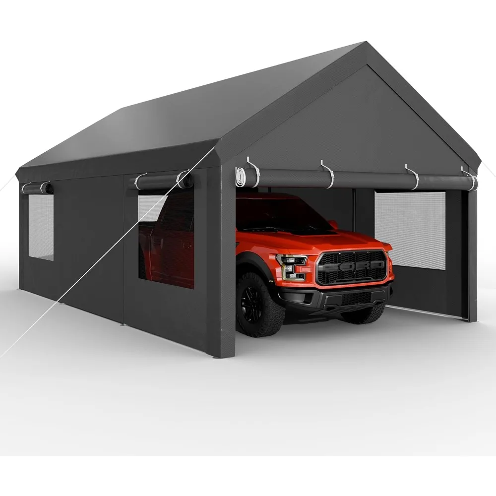 Carport Garage Boat 12x18.5 Ft Heavy Duty Carport Canopy With Roll-up Windows Truck Car Canopy With All-Season Tarp for Car Home