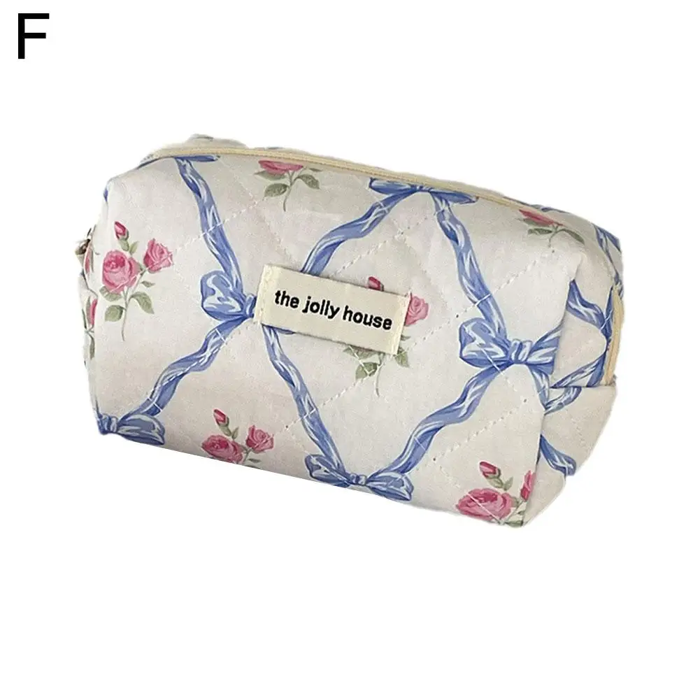 Women Cute Bow Flower Zipper Quilting Cotton Makeup Bag