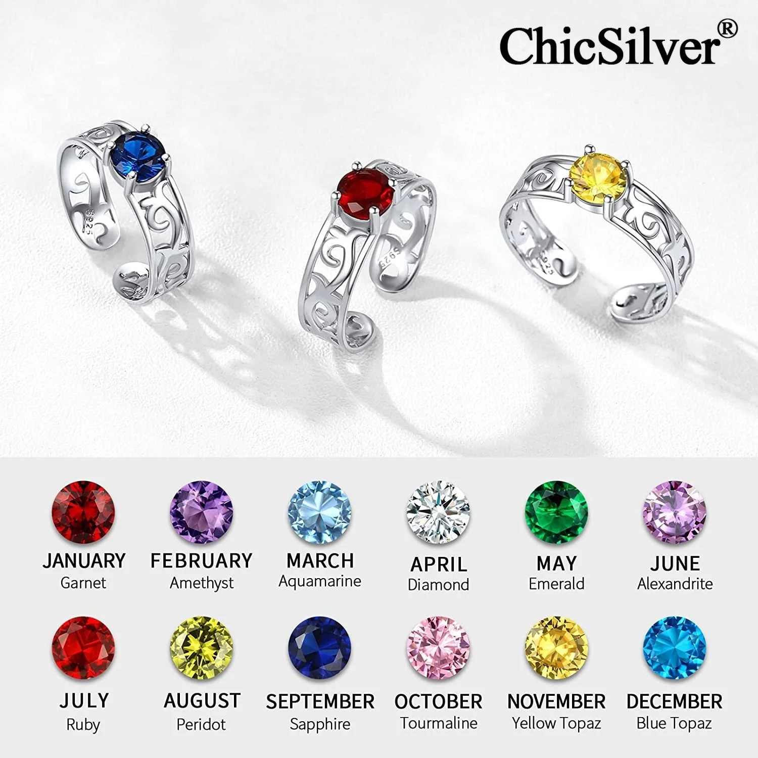  925 Sterling Silver Celtic Knot Ring Cuff with Round Birthstones for Women Stackable Eternity Adjustable Open Ring