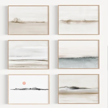 Quadro Astratto Beige Nero Grigio, Paesaggio ad Acquerello Minimalista, Poster su Tela, Immagini d'Arte da Parete per Soggiorno e Arredamento Casa