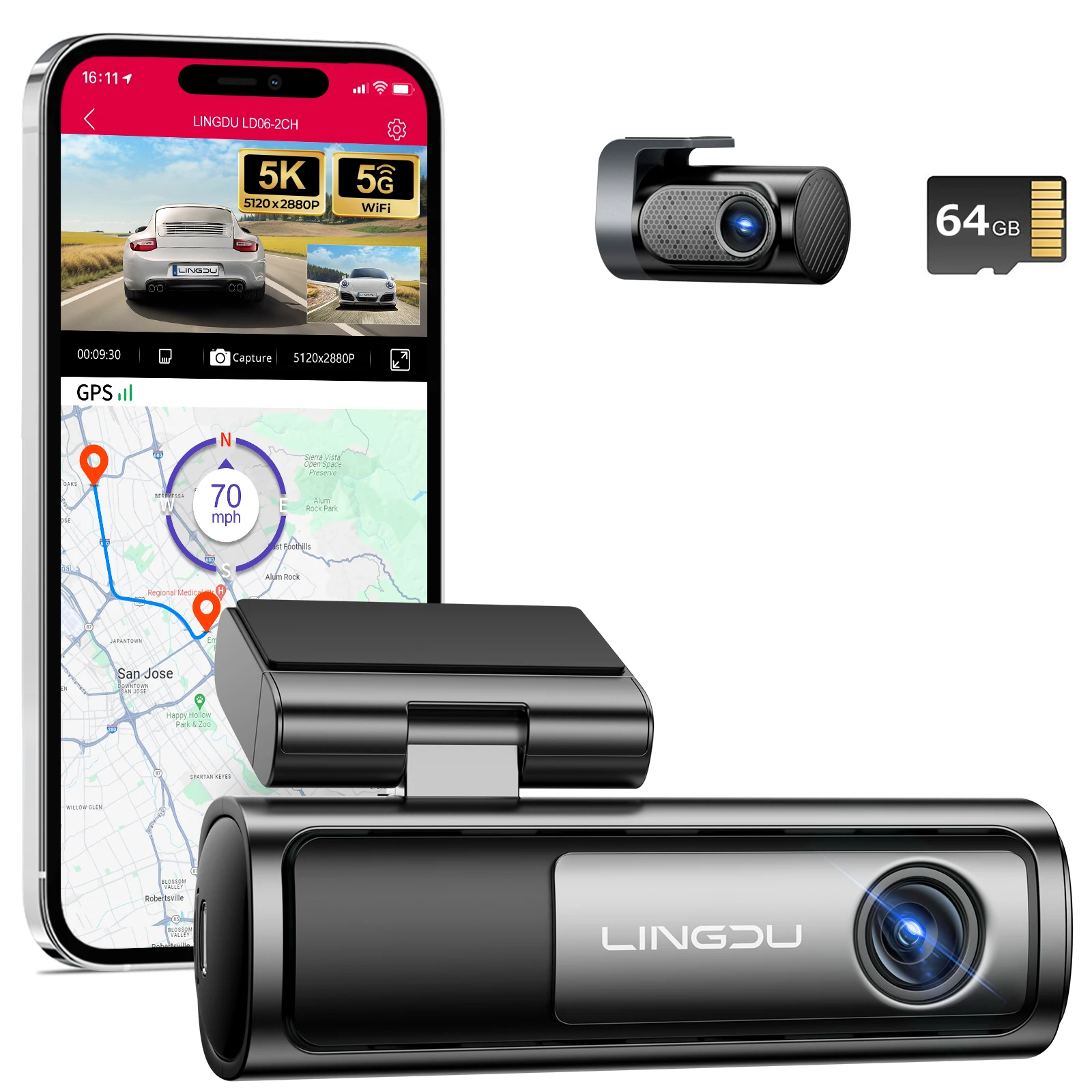LINGDU Dash Cam Front Rear 5K LD06, 4K 2K dual recording 5.8G WiFi GPS night vision parking mode voice control