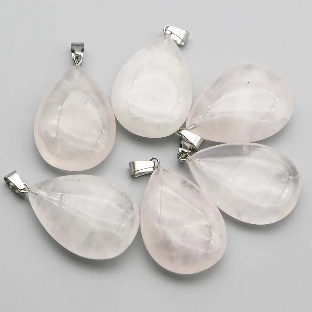 Quality Natural Stone Rose Quartz Water Drop Necklace Pendants Fashion Earrings Sweater Chain Jewelry Accessories Wholesale 8Pcs