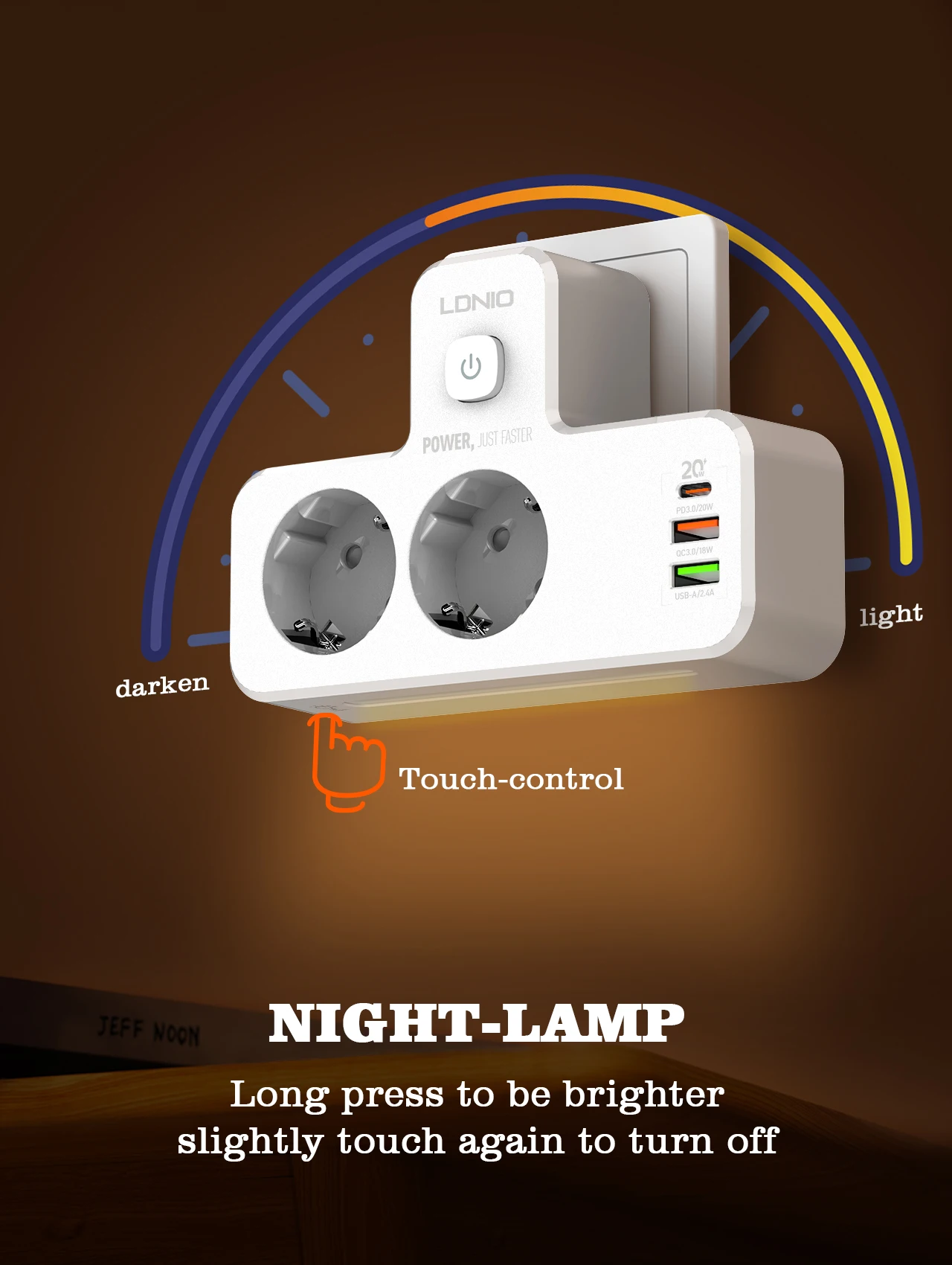 Power Strip European Plug Extension 20W PD 3 USB 2AC Outlet Extender Adapter Touch Night Lamp EU Standard Wall Socket
