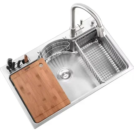 Multifunctional Kitchen Sink Thickened 304 Stainless Steel Brushed with Hot/Cold Faucet Knife Block Set Drain Rack Basket 1