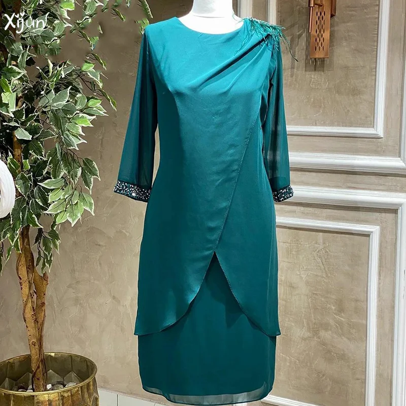 

Xijun Feather Straight Prom Dresses Long Sleeves Beading Evening Gowns Scoop Collar Party Dress Robes De Soirée Customize