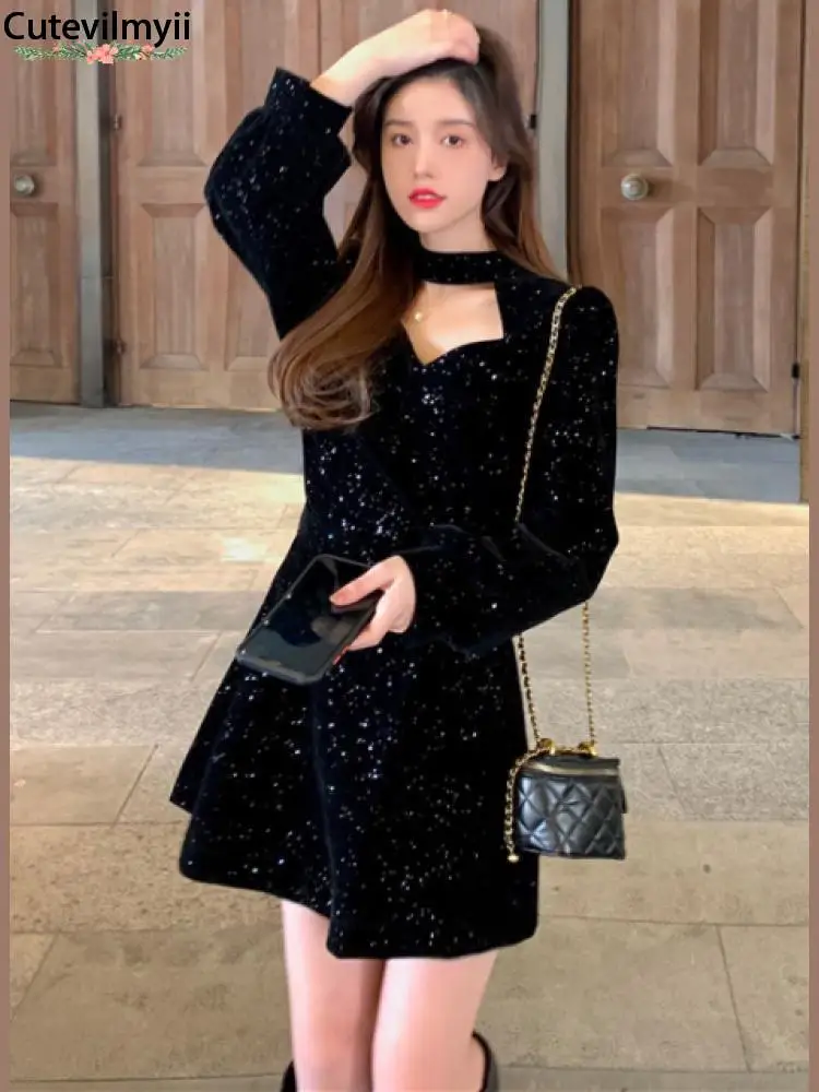 

2022 Women Christmas Wram French Vintage Ladies Casual Korean One-piece Dress New Red Velvet Elegant Party Bling Mini Dress