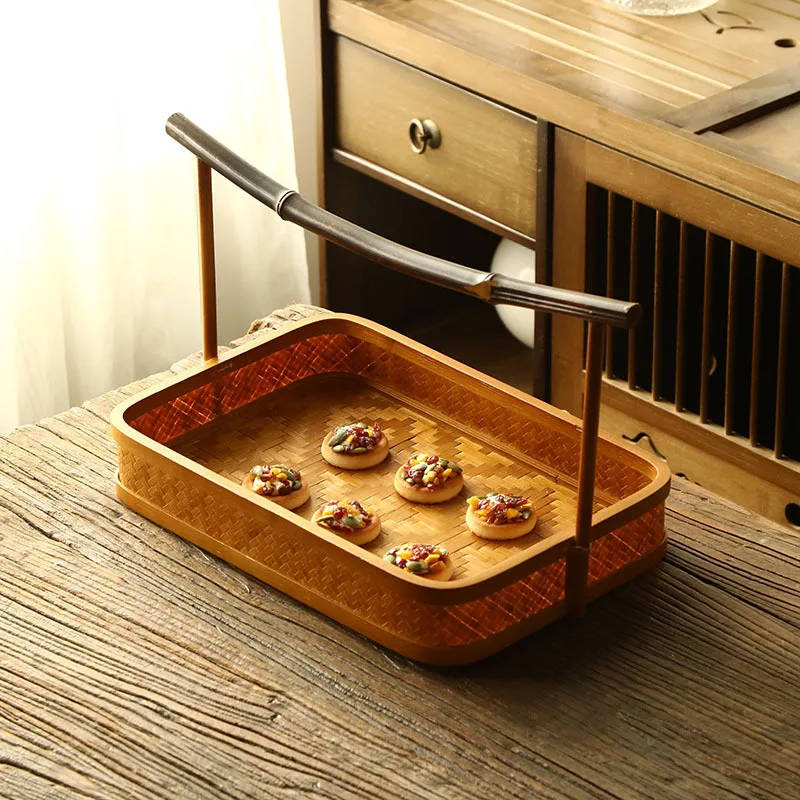 Hand-made bamboo basket with handle, Chinese retro tea set, lacquer woven storage box, portable fruit basket 4