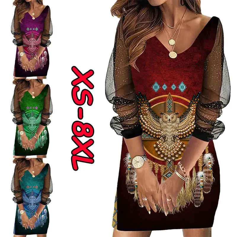 

Women's Native Eagle Printed Mesh Sleeves Panel Dress 4 Colors