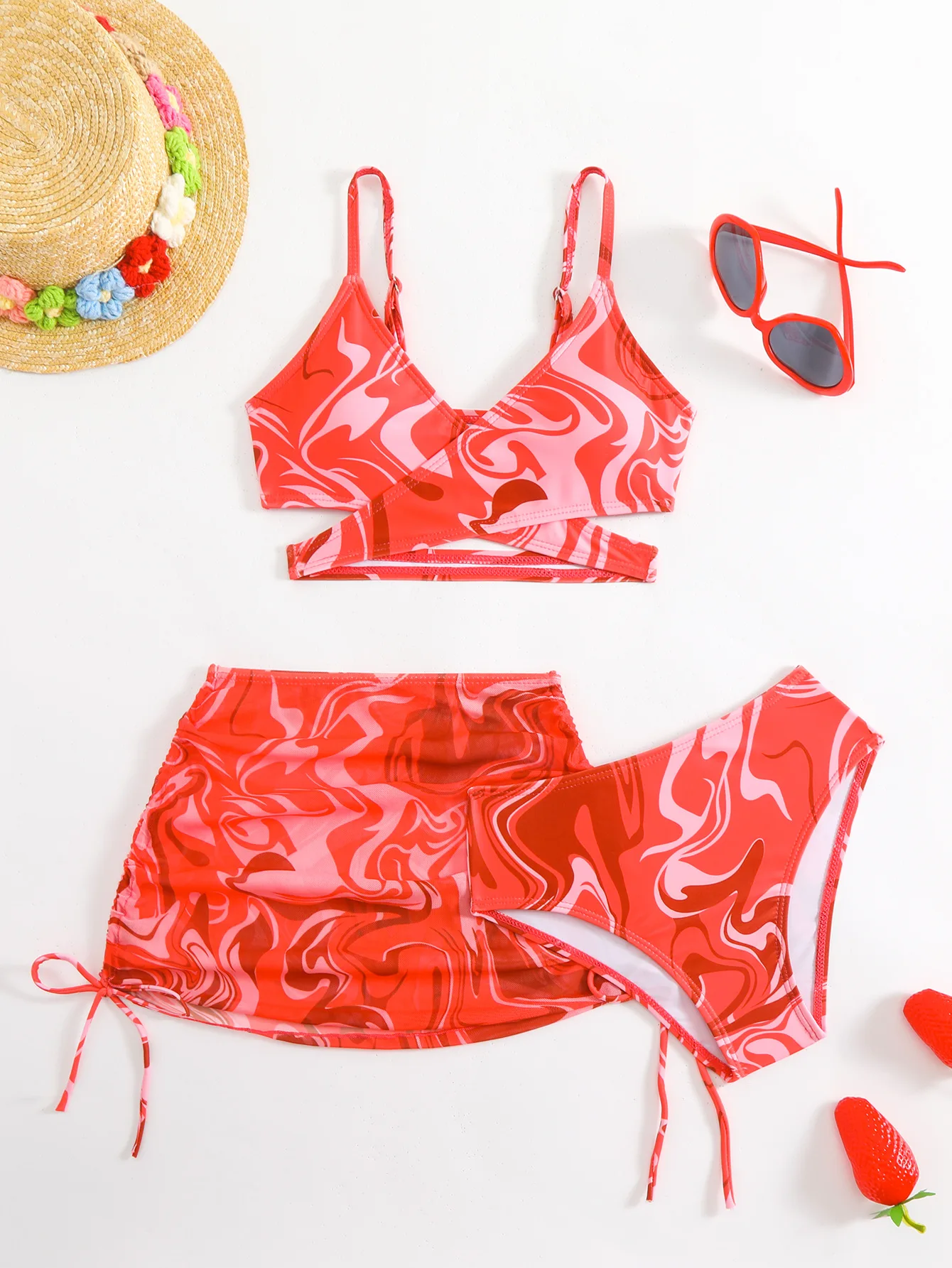 3pcs Swimming Suit for Girls Summer Beach Dress Swimsuit Tie-dye Printed Skirted Bikini Set Kids Bathing Suit