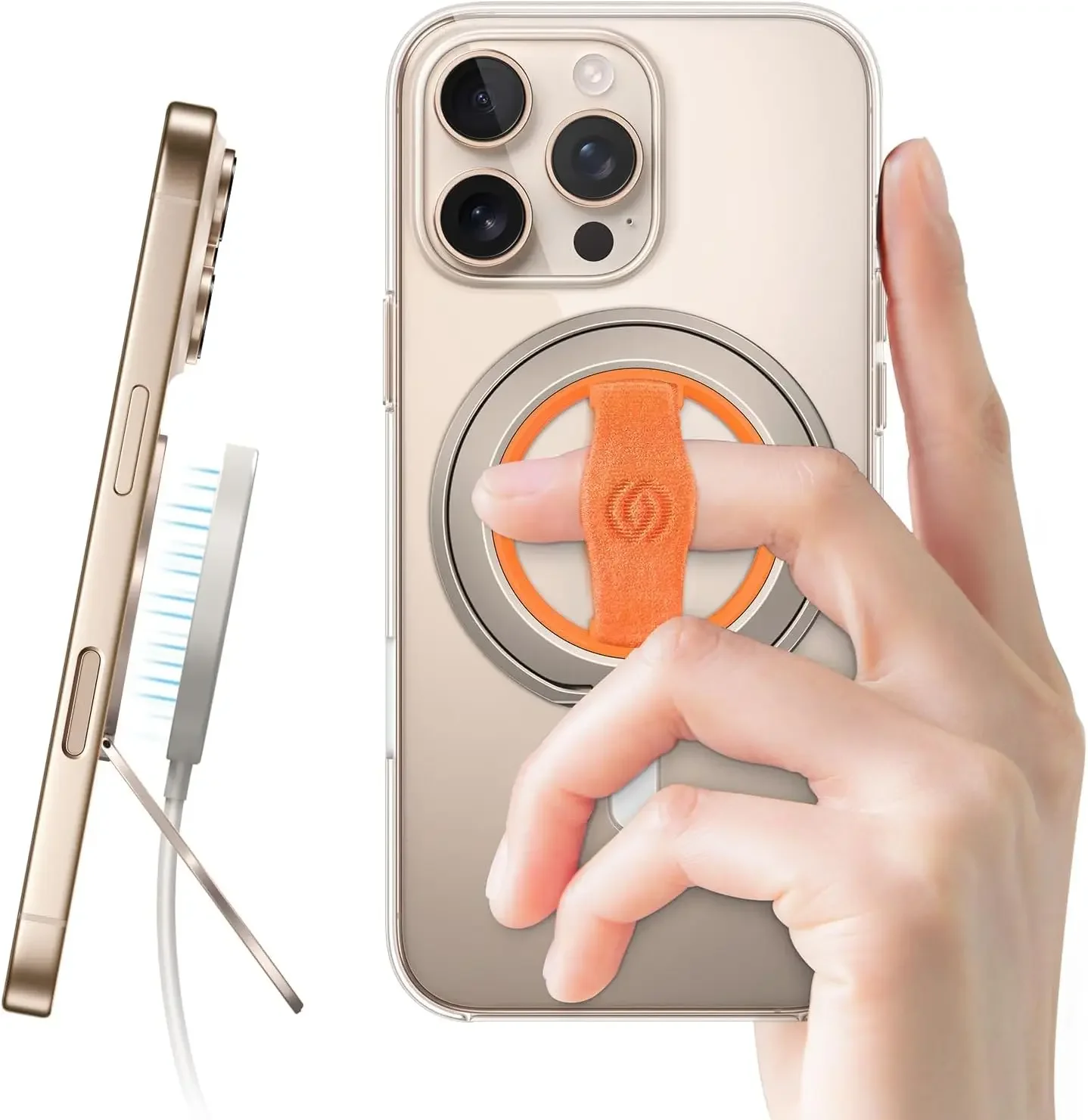 EWA MagOne Ultra Support de téléphone avec boucle de doigt élastique remplaçable, anneau magnétique amovible, accessoire magnétique double face pour iPhone 16, 15, 14, 13 Pro/Max/Plus - Rose glod