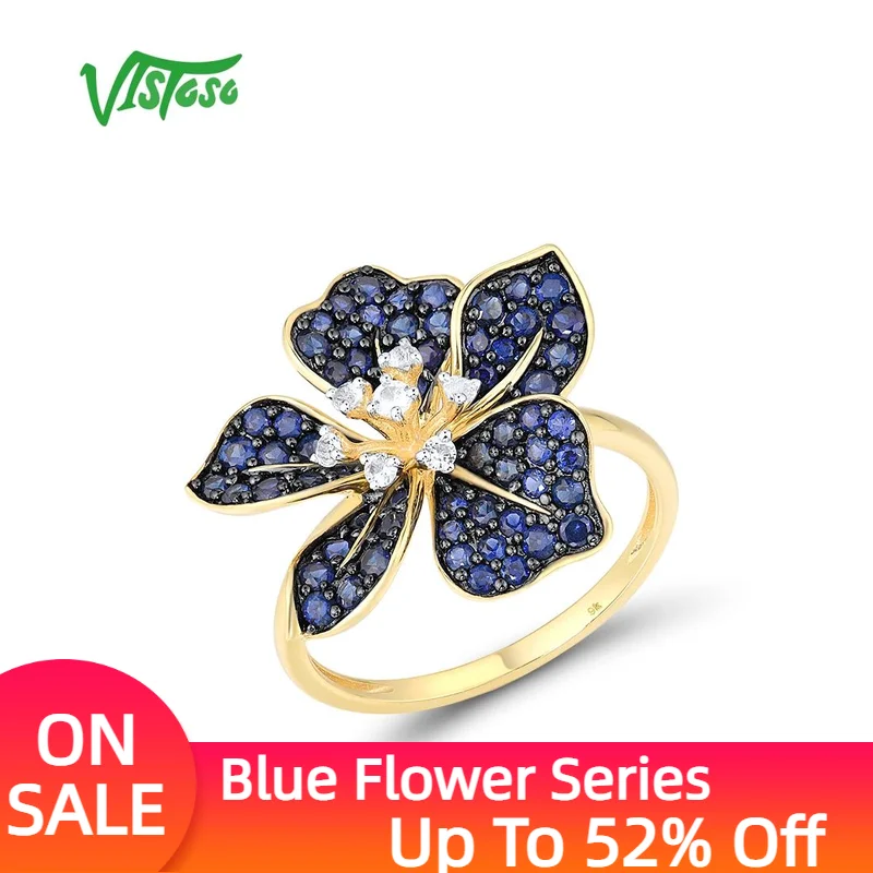 

VISTOSO Pure 9K 375 Yellow Gold Rings For Women lab Created Sapphire White Topaz Blooming Flower Anniversary Gifts Fine Jewelry