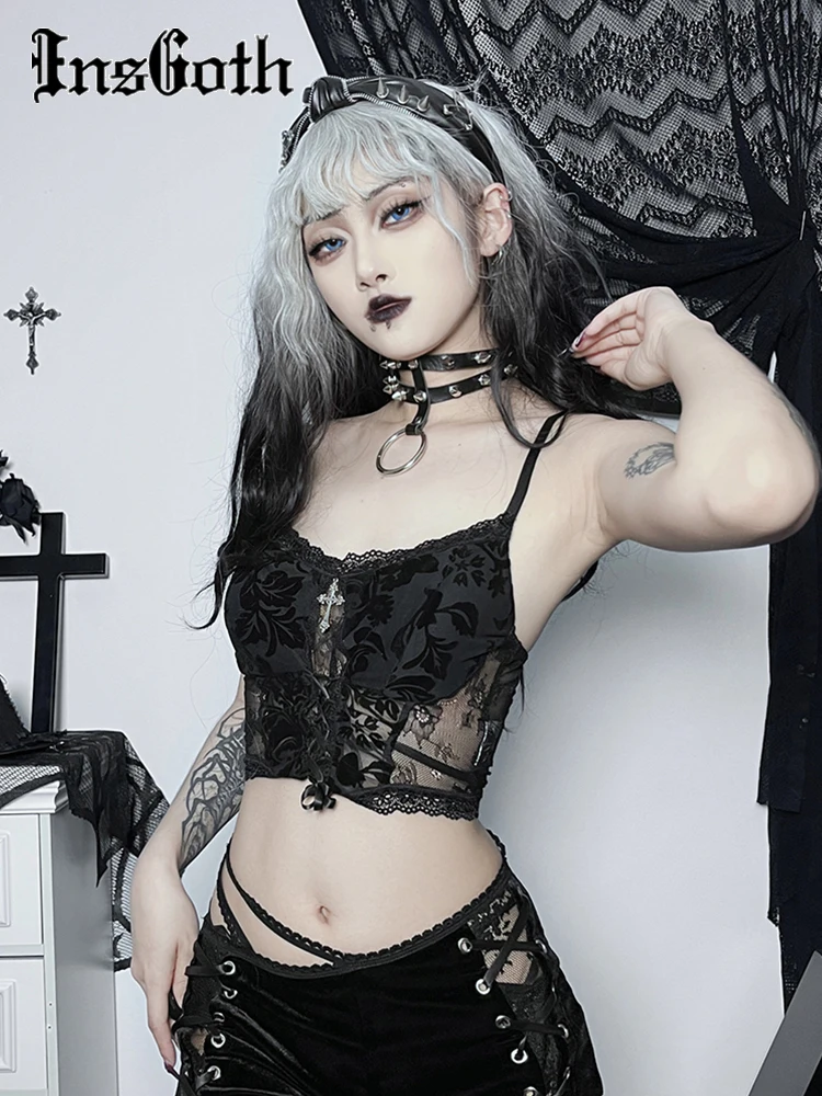 InsGoth Women's Lace Casual Camisole Cami Crop Tank Tops Lingerie Bustier  Spaghetti Strap Crop Top Punk Harajuku See Through