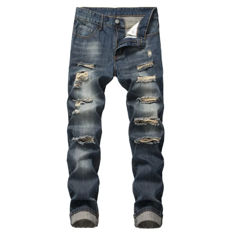 Men's Clothing Ripped Straight Slim-fit Non-elastic Jeans More Ripped Men's Trousers Jeans for Men Cargo Pants Men
