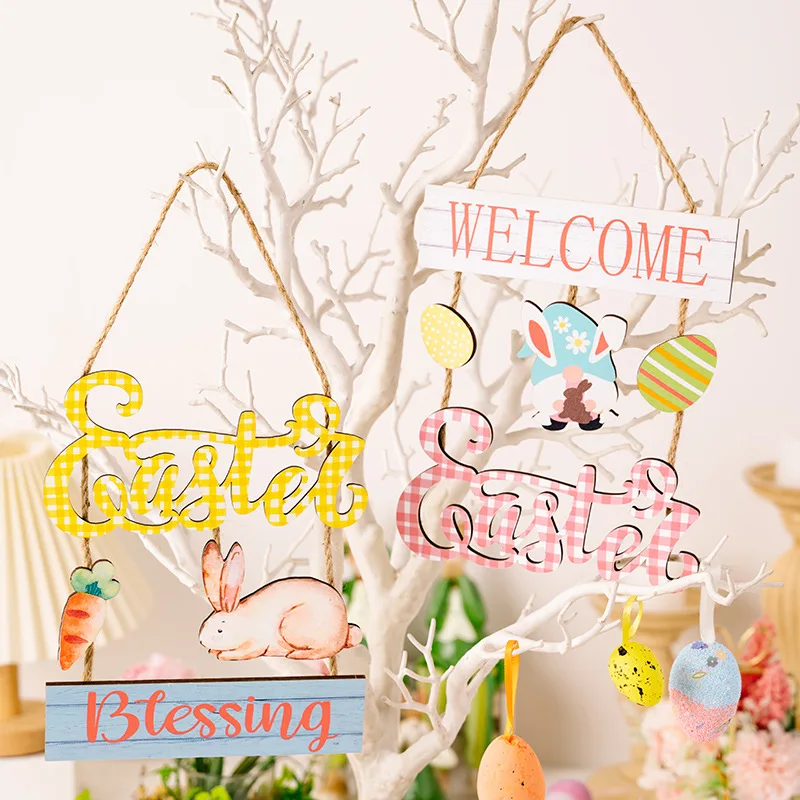 

New Easter Decoration Supplies Easter Plaid Alphabet Wooden Pendant Cartoon Egg Bunny Pendant for Indoor Outdoor Easter Decor