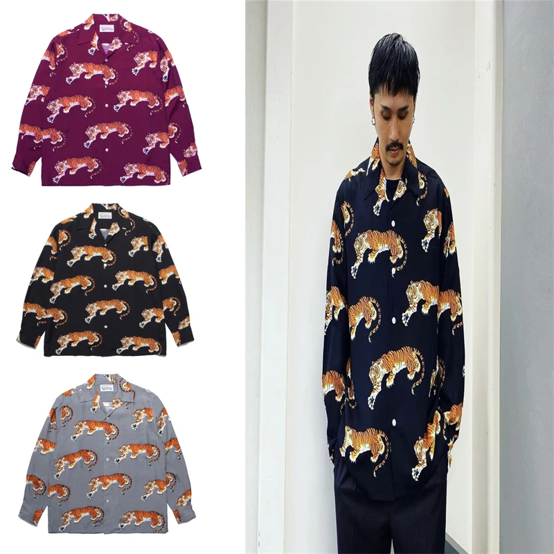 

Wacko Maria Yellow Tiger Roar Print Long Sleeve Shirt Summer Men Women High Quality Streetwear Hip Hop Casual Shirt Blouse