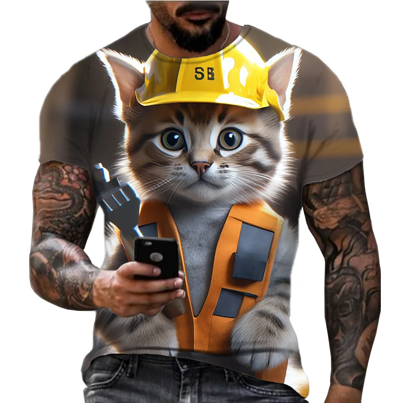 

2024 New Summer Cute Cat 3D Print Trendy Fashion T-shirt for Men's Dominant and Handsome Casual Round Neck Short Sleeve