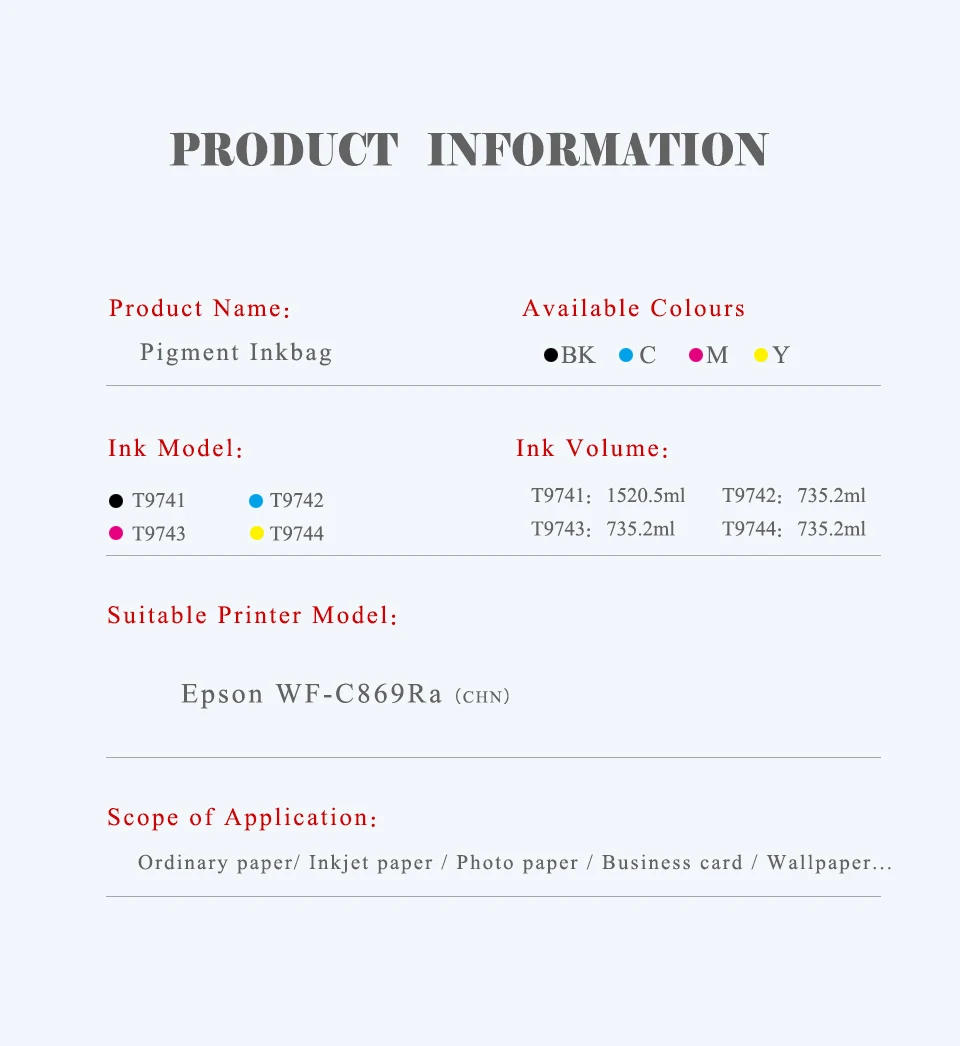 For  C869 T974 T9741 T9742 T9743 T9744 Premium Color Compatible Ink Bag Cartridg