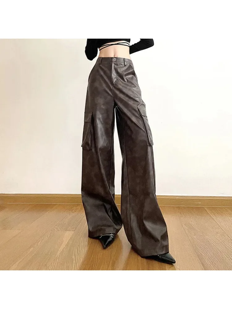 

2023 Dark Faux Leather Y2k Streetwear Cargo Pants Cyber Gothic Punk High Waist Baggy Trousers 90s Grunge Vintage Female Bottoms