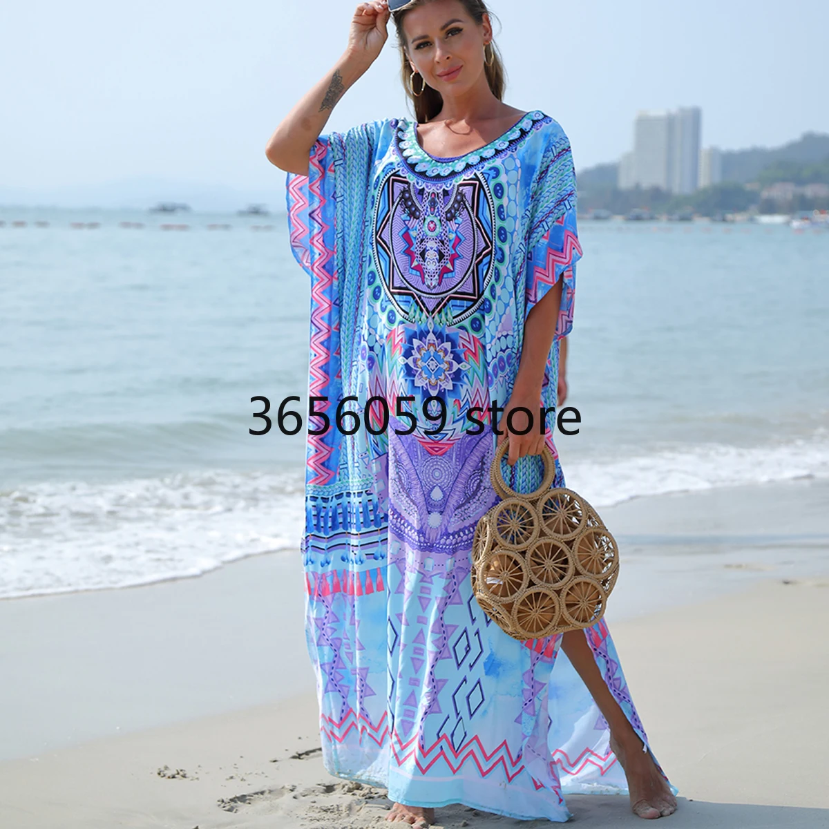 Plus Size Boho Cover Up, Women's Plus Geo Print Batwing Sleeve V Neck Split Kaftan Maxi Cover Up Dress