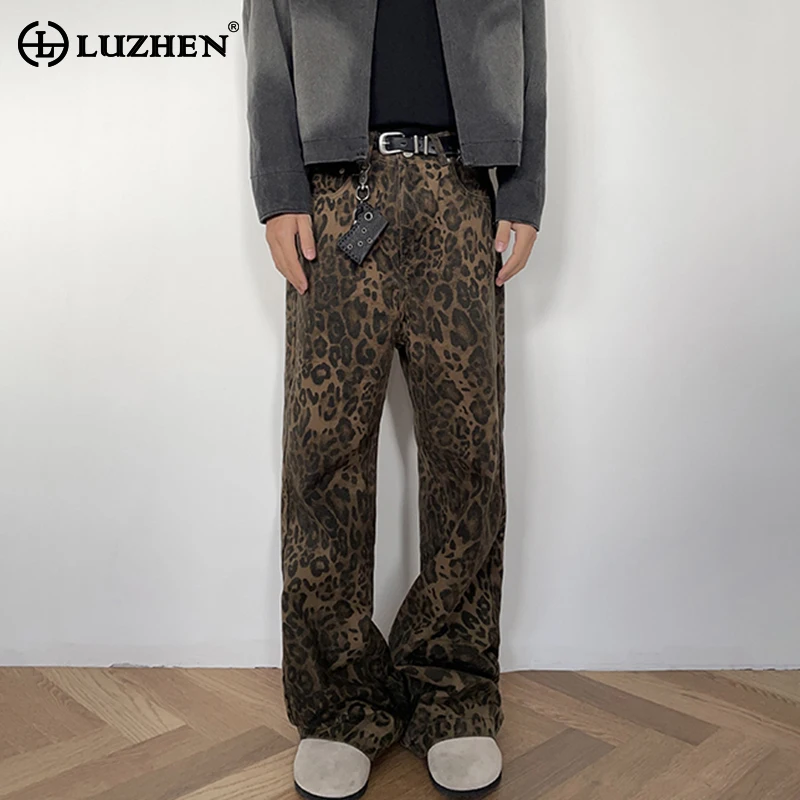 

Модные прямые повседневные джинсовые брюки LUZHEN 2024 в американском стиле с леопардовым принтом, мужские Модные оригинальные джинсы LZ1099