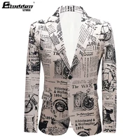 MenRetro Vintage Newspaper Print Casual Blazer Hombre Men DJ Singer Night Club Slim Fit Suit Jacket Prom Party CostumeNewspaper 1