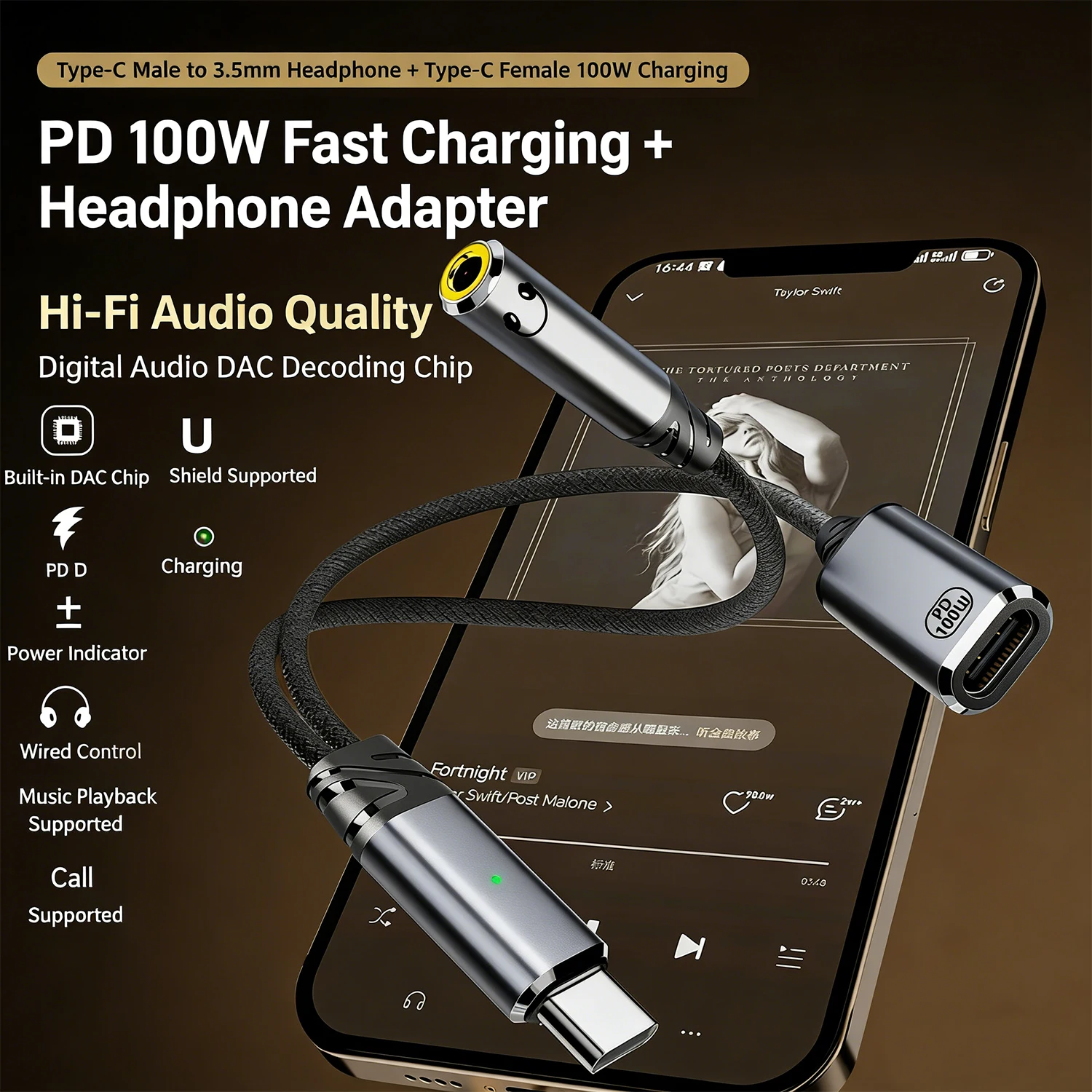 USB C to 3.5mm 2 in 1 헤드폰 충전 어댑터, 100W PD 충전, 타입 C Aux 오디오 잭, 라인 컨트롤 및 통화 지원, 그레이
