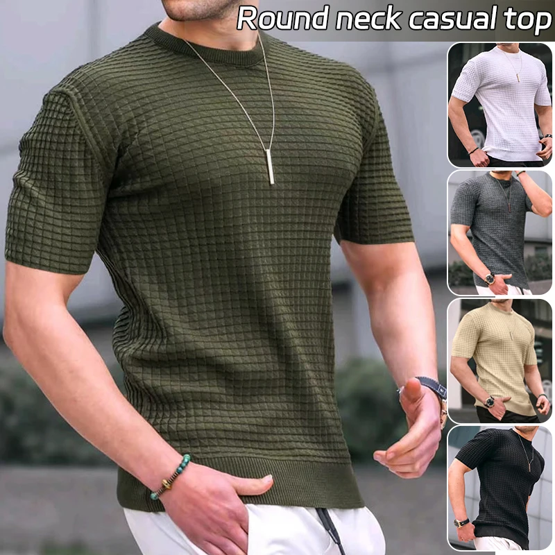 

Men Round Neck Short Sleeve T-Shirt Muscle Tee Summer Plaid Slim Fit Tee Shirts Business Casual Tops Streetwear Blouse