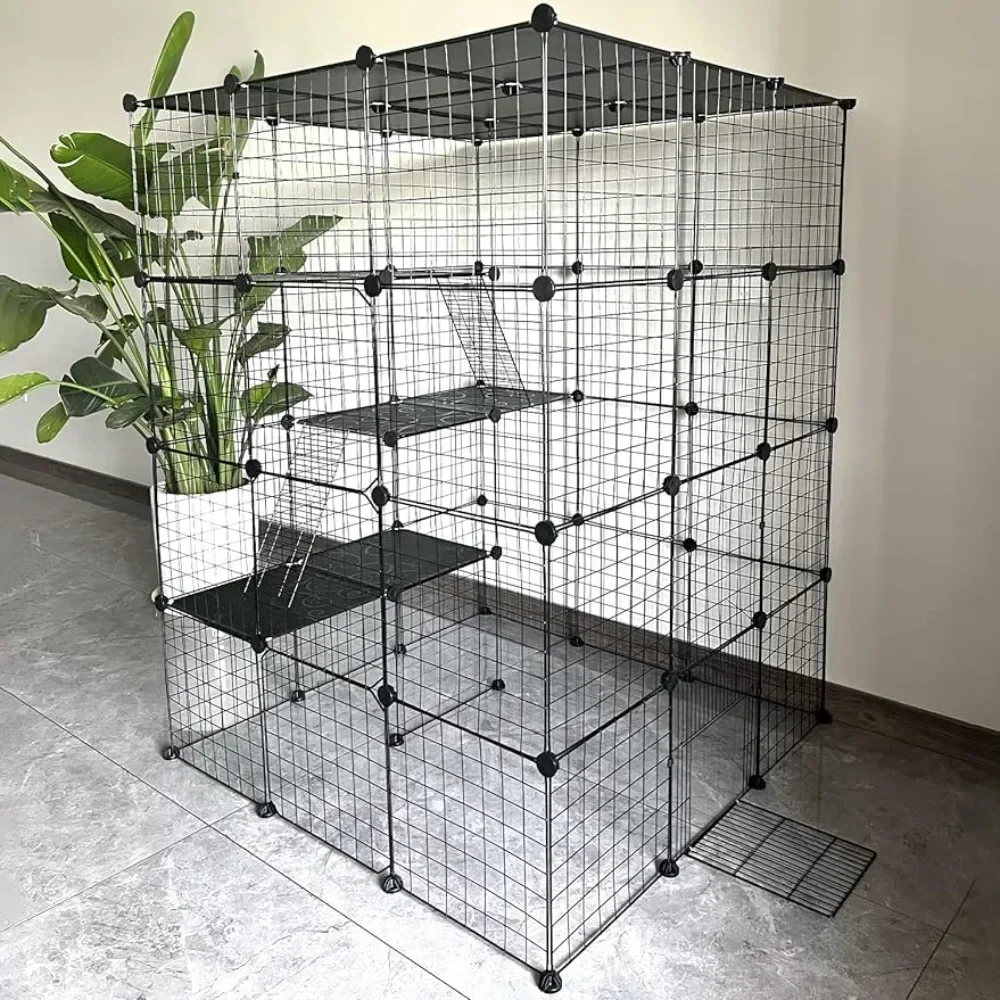 

Katzenklo Large Cat Cage Indoor Cat Enclosures DIY Cat Playpen Detachable Metal Kennel With 3 Platforms Beds and 2 Ladders Catio