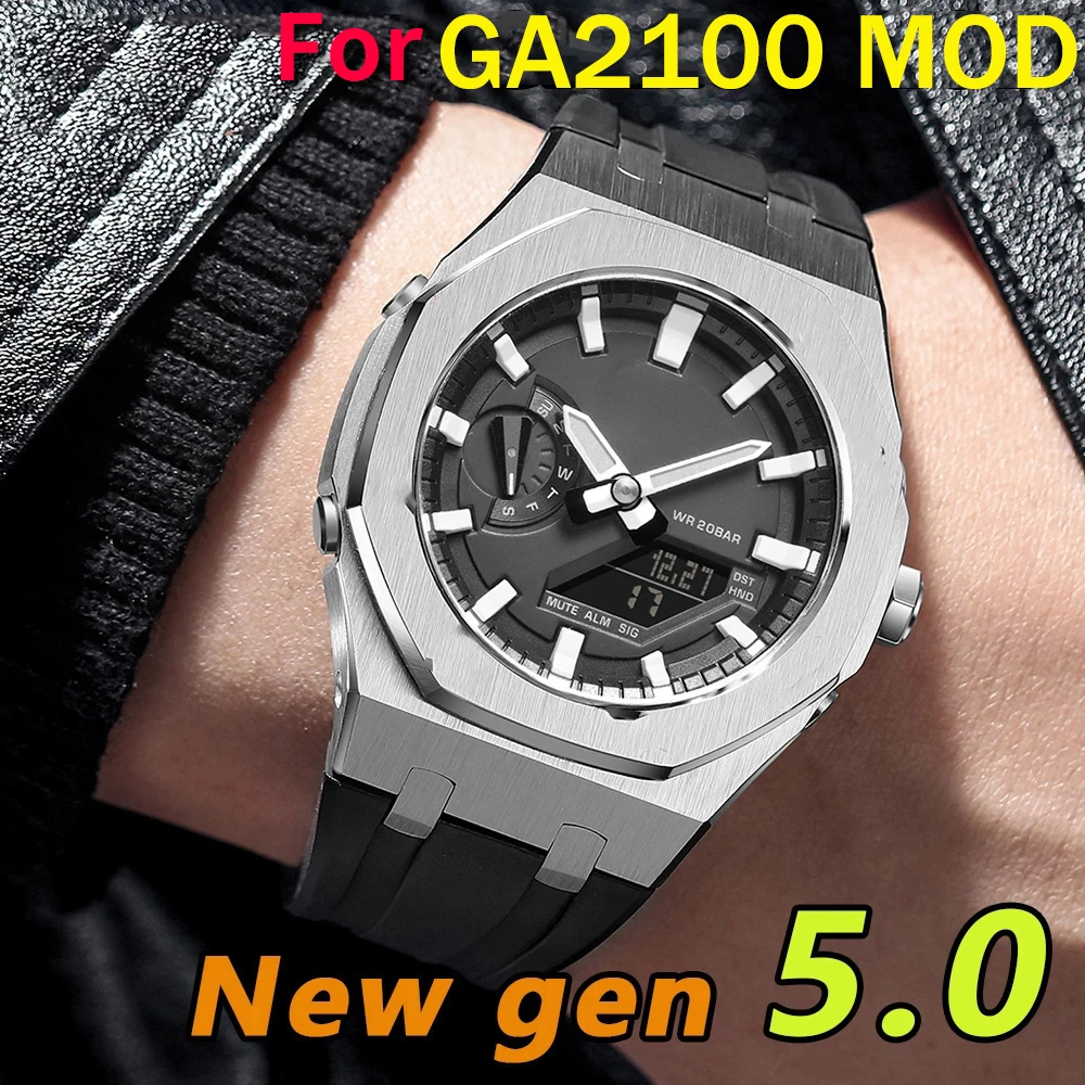 Metal+Silicone Strap For Casioak GA2100 Gen5 Mod Kit Metal Stainless Steel Cover Band For G-Shock GA-B2100/2110 Rubber Watchband