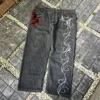 Embroidered oversized dark dragon pattern jeans, retro Harajuku denim trousers, street rock high-waisted wide-leg loose pants 6