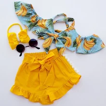 FOCUSNORM-Conjunto de ropa con hombros descubiertos para niñas, camisetas con estampado de bananas y pantalones cortos con lazo, 2 piezas, moda de verano, 2-7 años