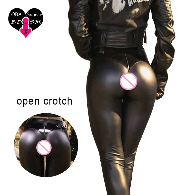 Woman Sexy Open Crotch PU Pants Black Gothic Punk Leather Crotchless